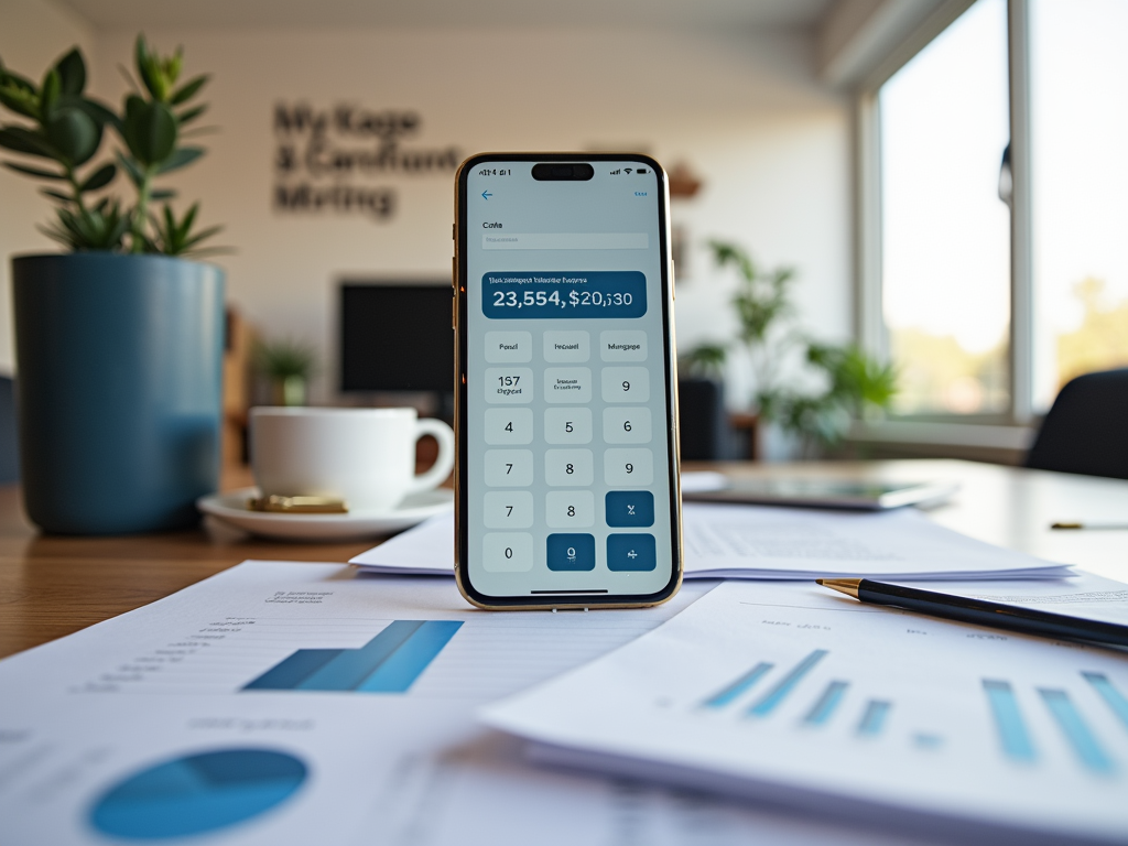 Смартфон с открытым калькулятором на столе в офисе, графики и кофе рядом.