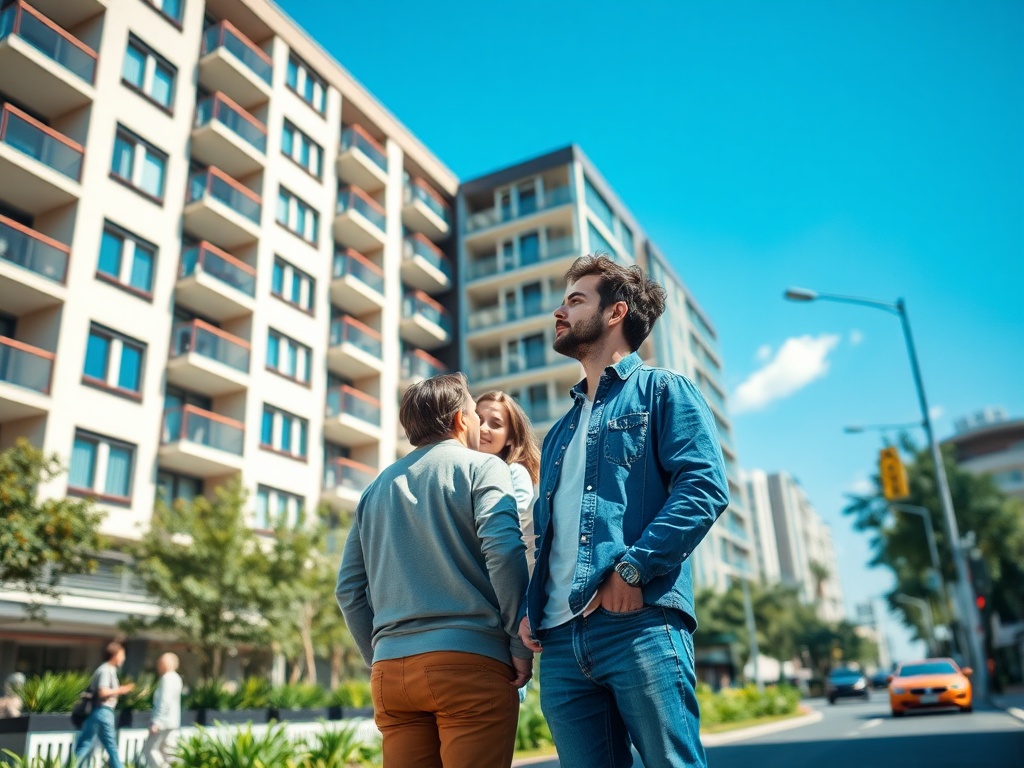 На улице стоят молодые люди, сзади новые квартиры, солнечная погода и голубое небо.