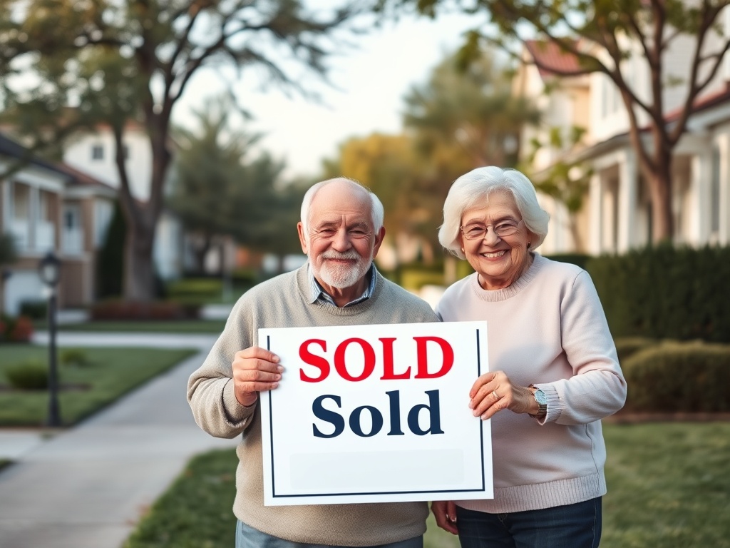 Счастливая пожилая пара держит знак "Продано" на фоне домов и зеленых деревьев.