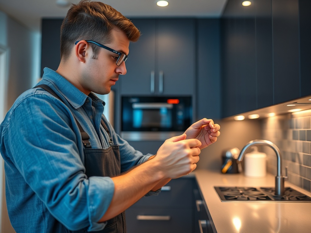 Молодой человек в очках исследует кухонные принадлежности на столешнице, сосредоточенно его рассматривает.