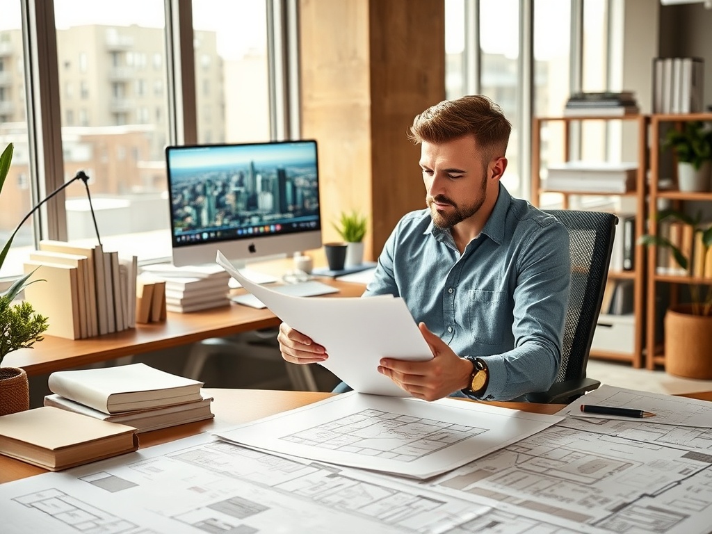 Мужчина в офисе изучает документы, рядом с ним компьютеры и планы строительства на столе.