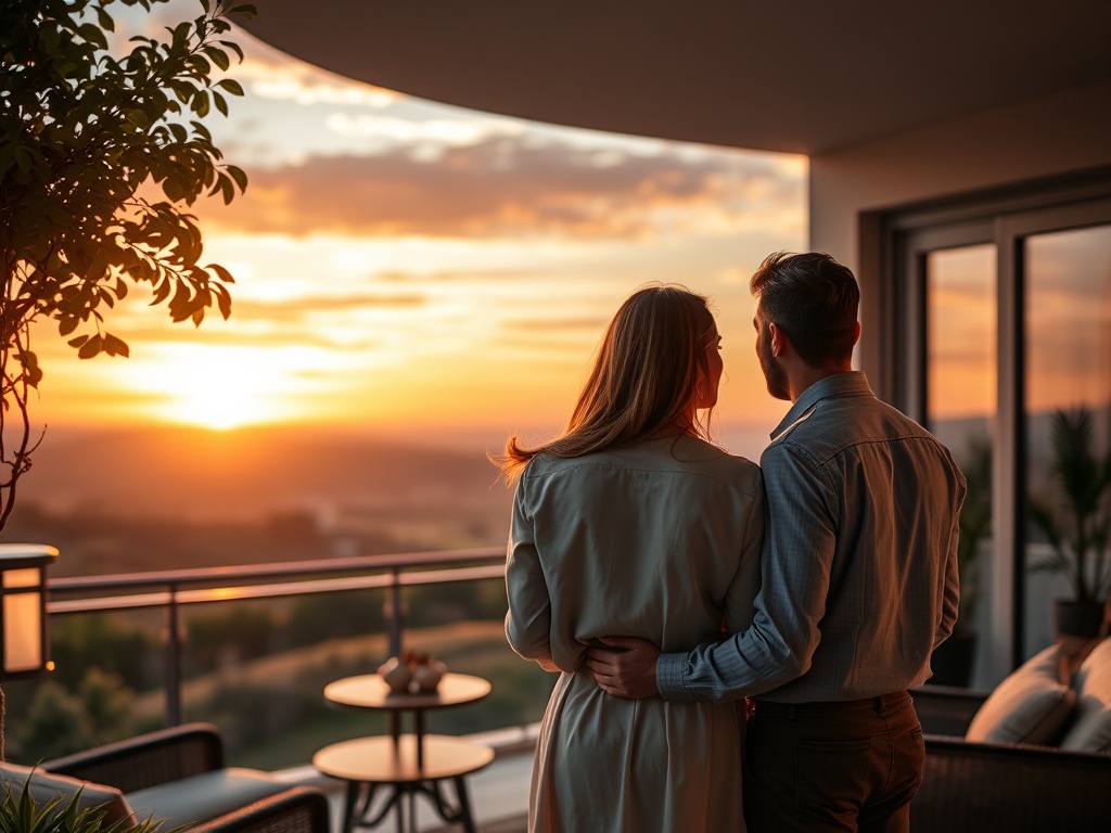 Пара смотрит на закат с балкона, держась за руки. Теплый свет и романтическая атмосфера вечера.