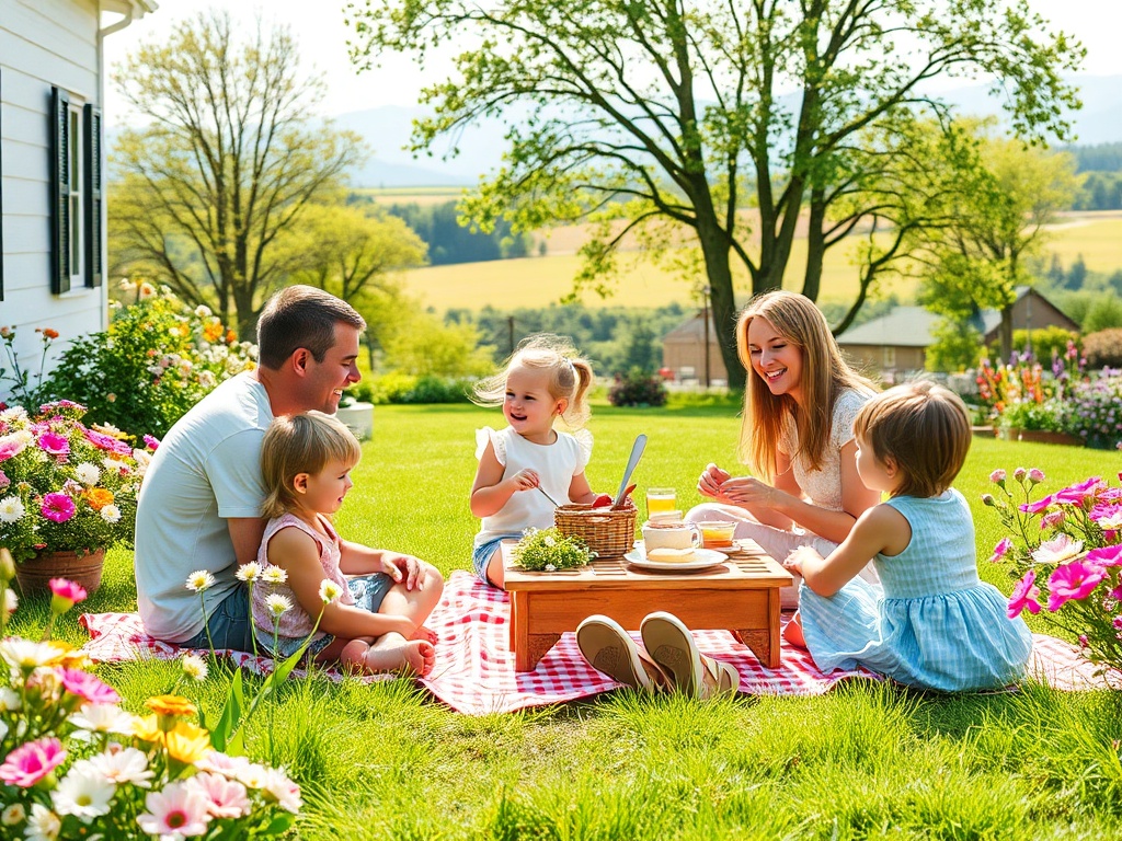 Счастливая семья проводит время на зеленом газоне, наслаждаясь пикником среди цветов. Солнечный день.