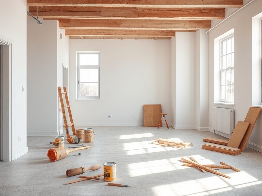 Пустое помещение с инструментами для ремонта: лестница, ведра с краской, валик и деревянные планки на полу.
