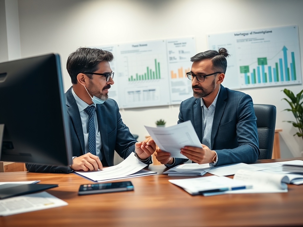 Два деловых человека обсуждают документы в офисе, на фоне отчетов и графиков.