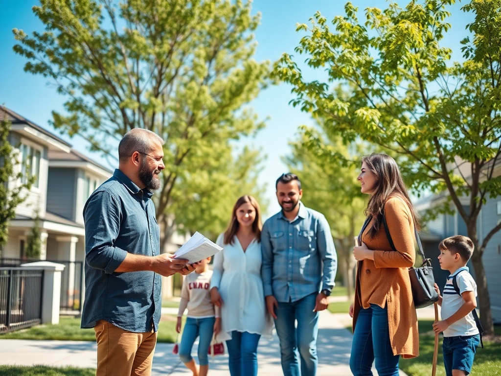 На улице группа людей общается, некоторые улыбаются, рядом детская компания. Солнечный день.