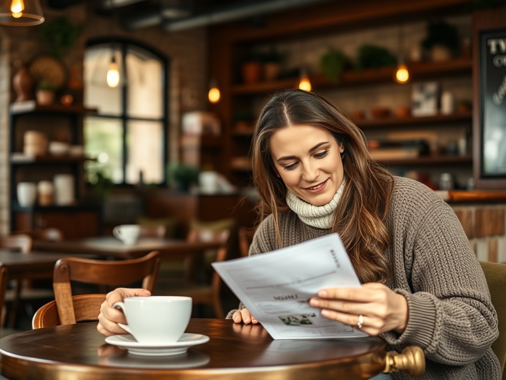 Молодая женщина читает меню в кафе, держа в руках чашку с кофе и наслаждаясь уютной атмосферой.