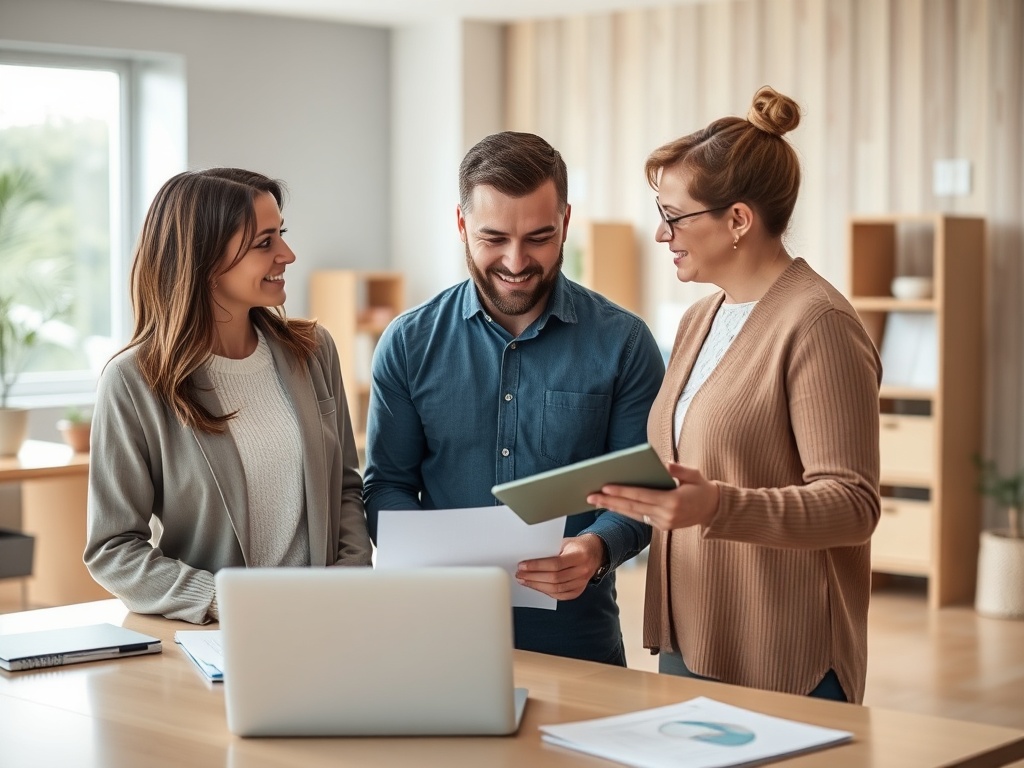 Две женщины и мужчина обсуждают документы в современном офисе, улыбаются и работают вместе.