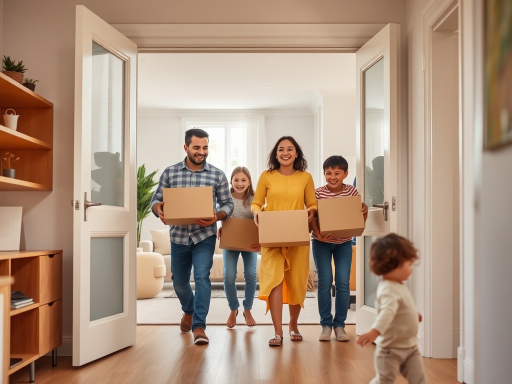 Семья улыбается, неся коробки, дети идут впереди, маленький ребенок играет внизу. Новый дом, радостная атмосфера.